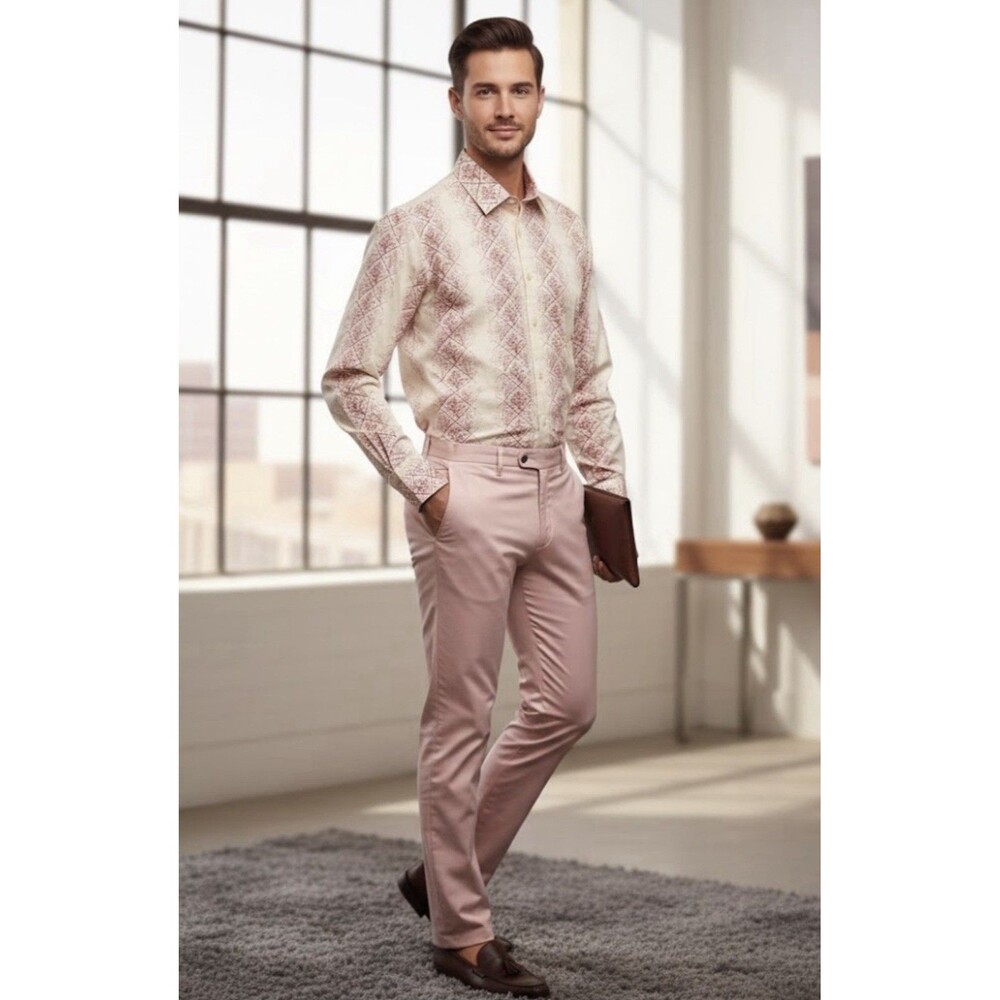 Kenneth Cole Red and White Patterned Shirt Men's Size L(k2)